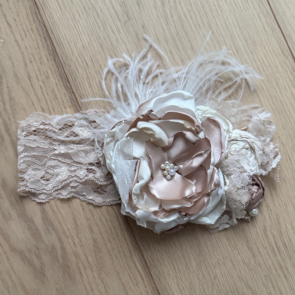 Elegant Lace, Satin Flower and Feather Handmade Headband - COZETTE COUTURE